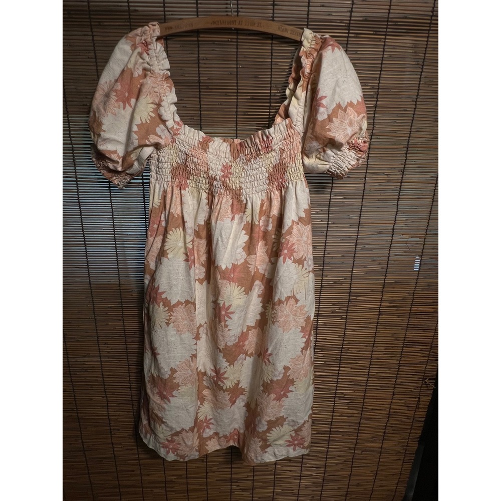 Faherty Organic Cotton Floral Smocked Puff Sleeve Mini Dress Peach Cream Size M